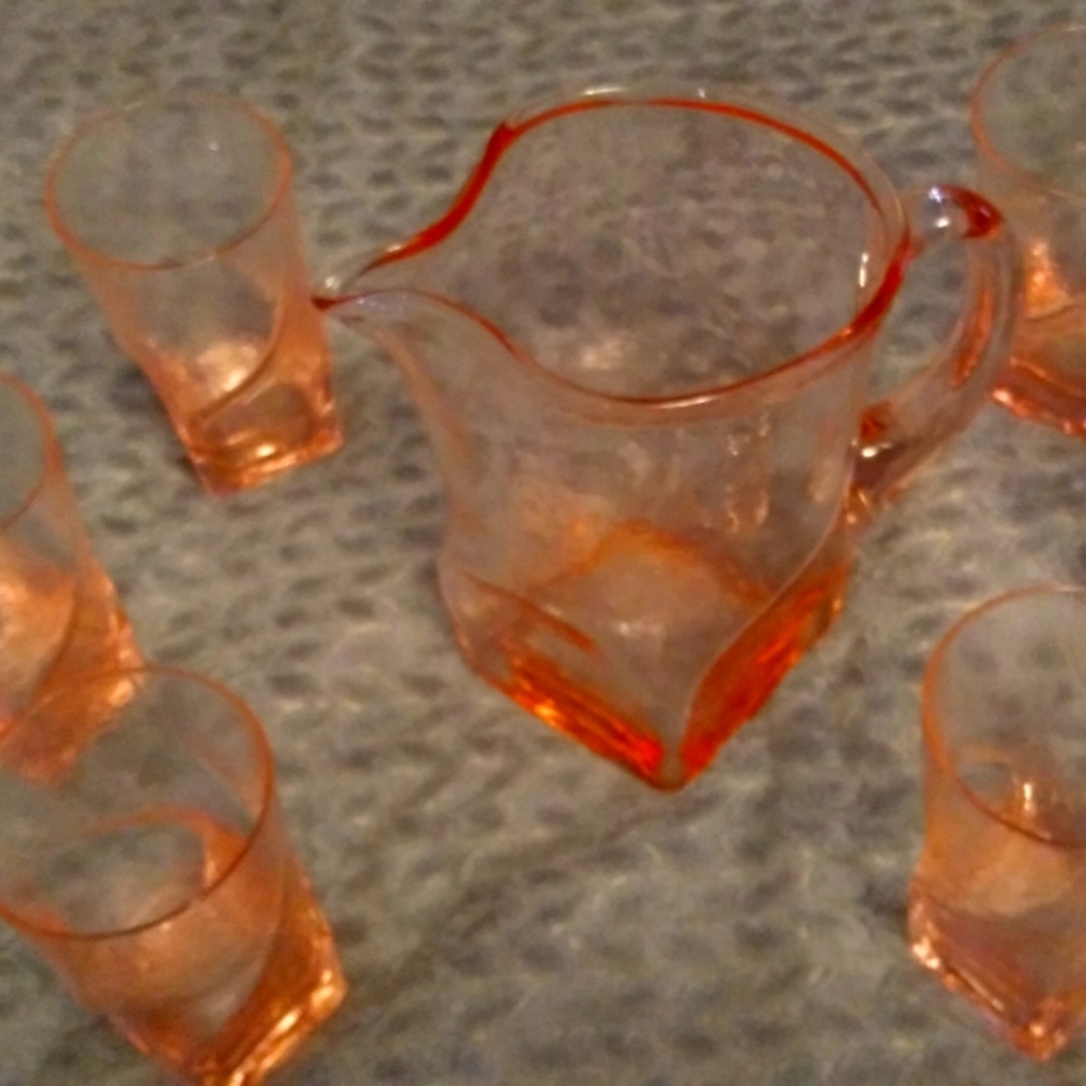 Tiffany& Co. Pink Depression Squared bottom Pitcher w 6 squared bottom glasses.
